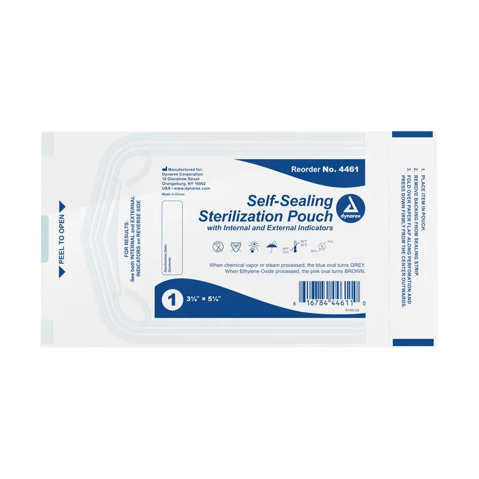 A self-sealing sterilization pouch, with internal and external indicators, sits on a white background. Reorder No. 4461. The pouch is designed for sterilization and has instructions printed on it.