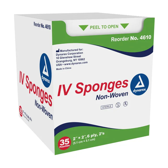 A box of 35 sterile, non-woven IV sponges, measuring 2" x 2", is shown. The box is white with green and blue accents, and displays product information and manufacturer details.