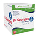 A box of 35 sterile, non-woven IV sponges, measuring 2" x 2", is shown. The box is white with green and blue accents, and displays product information and manufacturer details.