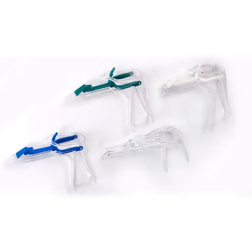 Four transparent plastic speculums are arranged on a white background. They are medical instruments, likely for gynecological examinations.