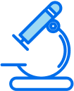 A blue microscope sits on a base, ready for observation, likely in a laboratory setting.