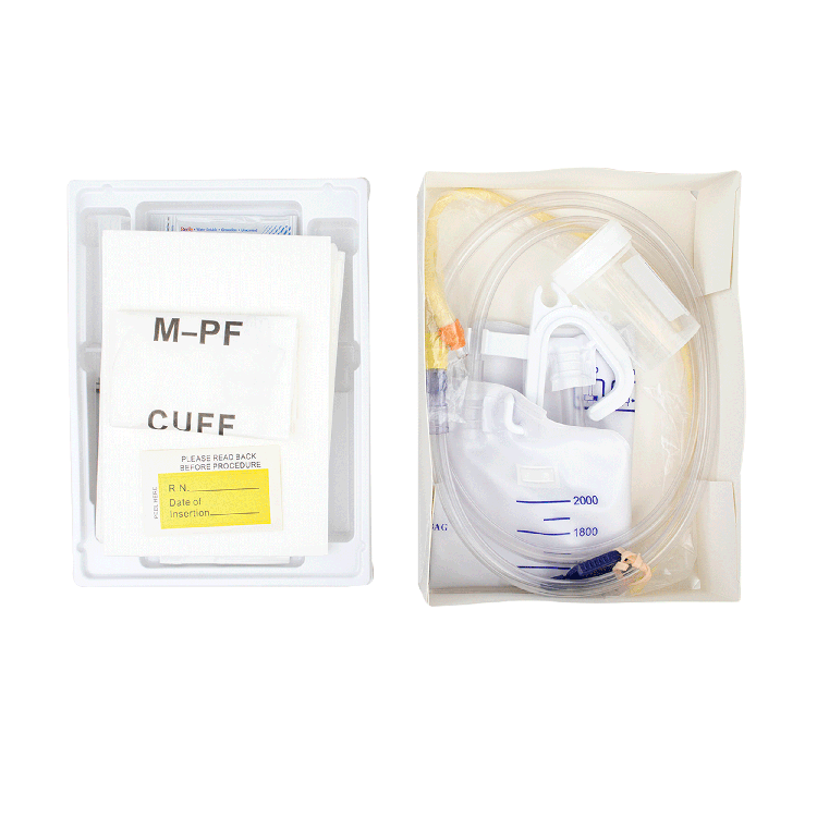 A medical cuff kit containing a catheter and drainage bag sits alongside a separate packaging of sterile wipes; both are arranged on a white background.