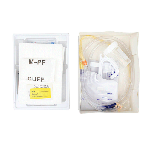 A medical cuff kit containing a catheter and drainage bag sits alongside a separate packaging of sterile wipes; both are arranged on a white background.