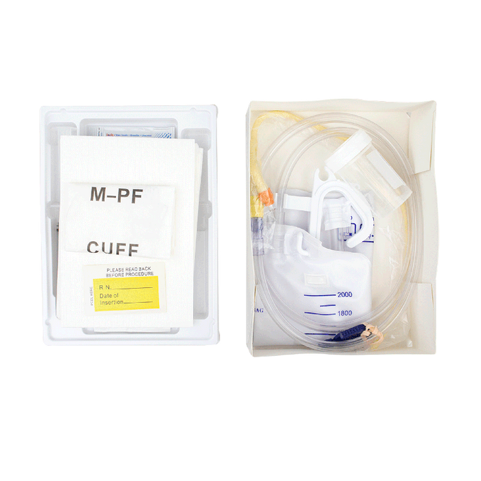A medical cuff kit containing a catheter and drainage bag sits alongside a separate packaging of sterile wipes; both are arranged on a white background.