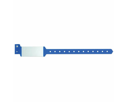 A blank blue wristband lies flat against a white background. The band is perforated with several evenly spaced holes. A white rectangular area is available for writing.