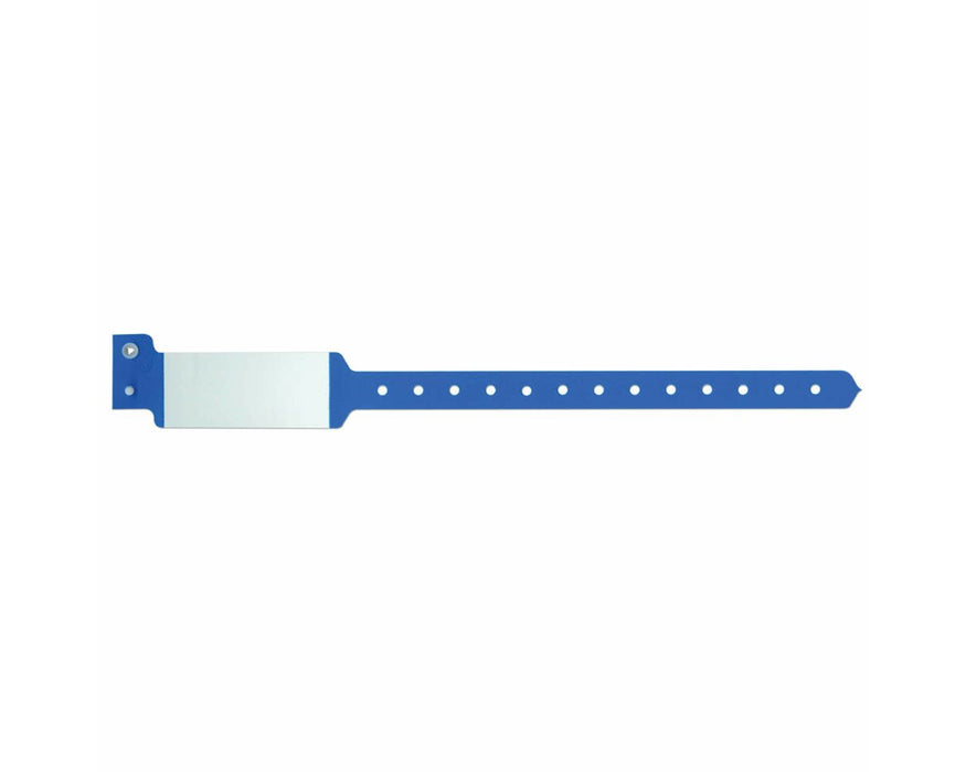 A blank blue wristband lies flat against a white background. The band is perforated with several evenly spaced holes. A white rectangular area is available for writing.