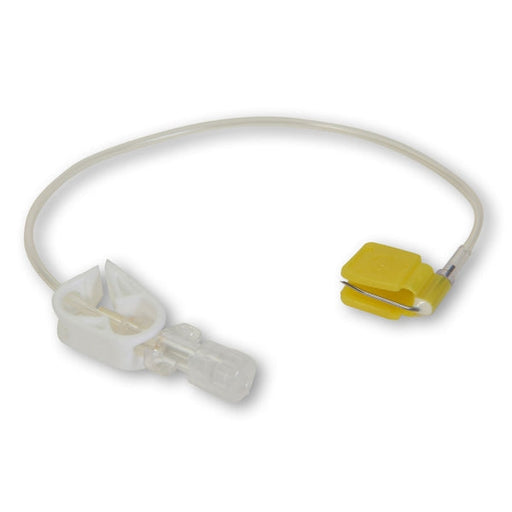 A clear plastic tube with a clamp and a yellow security tag is attached. The assembly appears to be a medical device.