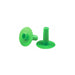 Two bright green plastic plugs sit on a white background; one is upright, the other lies on its side.