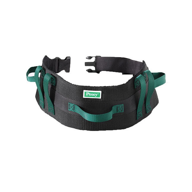 A Posey gait belt, featuring green handles, is shown buckled. The belt is black, made of fabric, and is likely used to assist with mobility.