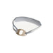 A light beige, oval mouth retainer rests on a gray fabric headband. The retainer is inscribed with indiscernible text. The item is displayed against a white background.