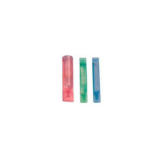 Three translucent single-dose containers, pink, green, and blue, stand upright against a white background.