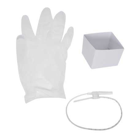 A disposable glove, a small square container, and a flexible tube lie on a surface.