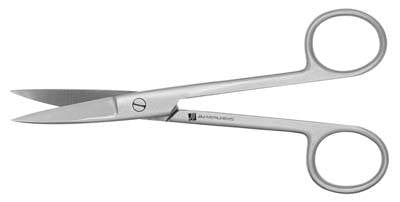A pair of surgical scissors lies open against a white background.
