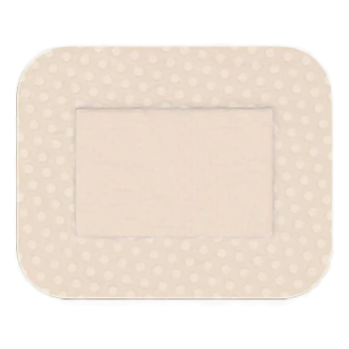 A beige adhesive bandage, featuring a lighter beige central area and a dotted border, sits on a white background.
