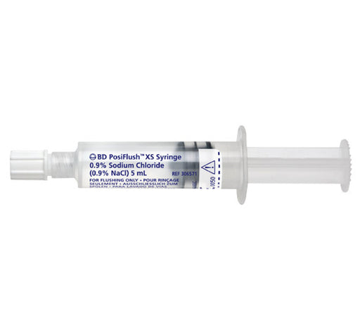 A 5 mL BD PosiFlush XS syringe, containing 0.9% sodium chloride, lies on a plain white background. The syringe is designed for flushing only.