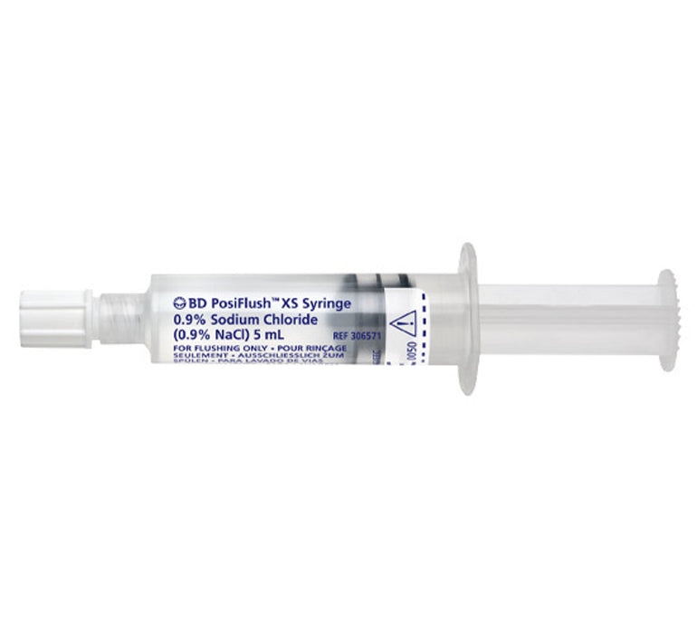 A 5 mL BD PosiFlush XS syringe, containing 0.9% sodium chloride, lies on a plain white background. The syringe is designed for flushing only.