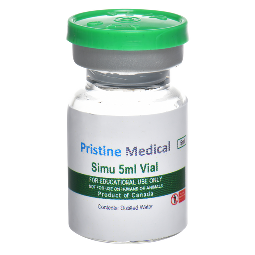 A 5ml glass vial sits on a plain background. It contains distilled water and is labeled “Pristine Medical Simu 5ml Vial,” specifying educational use only and Canadian origin.
