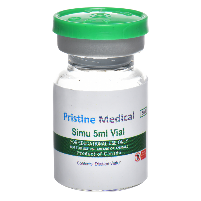 A 5ml glass vial sits on a plain background. It contains distilled water and is labeled “Pristine Medical Simu 5ml Vial,” specifying educational use only and Canadian origin.