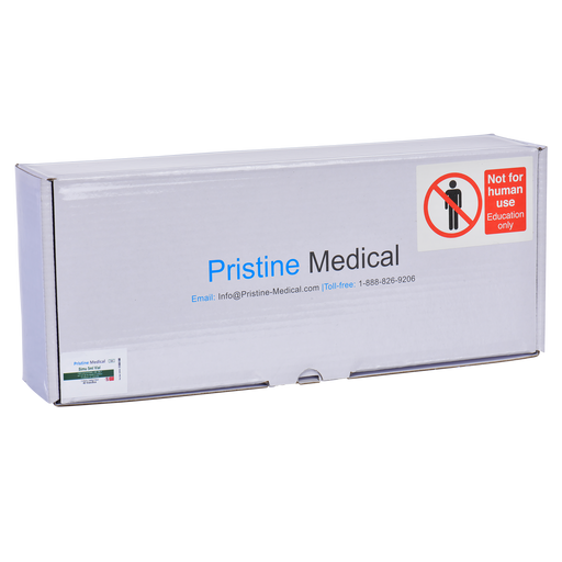 A Pristine Medical box sits on a surface. It contains educational materials; the box states "Not for human use. Education only." Contact information is also printed.