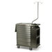 A stainless steel medical cart, with drawers and an IV pole, stands on wheels in a sterile environment.
