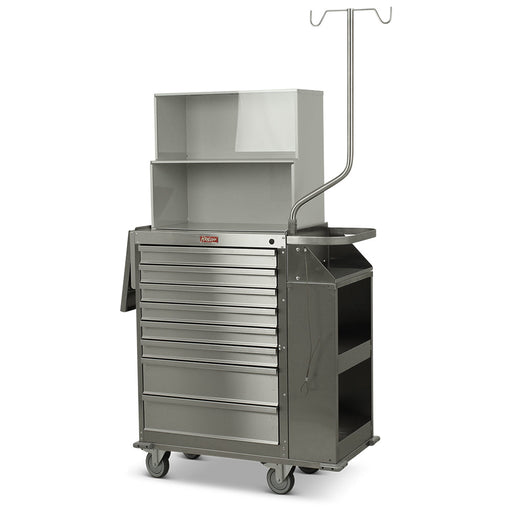 A stainless steel medical cart stands on wheels; it features multiple drawers, shelves, and an IV pole.