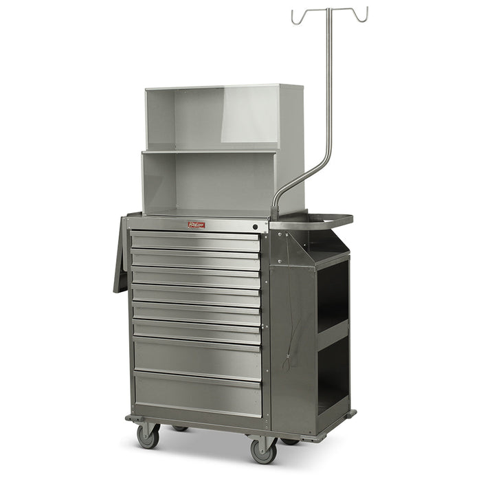 A stainless steel medical cart stands on wheels; it features multiple drawers, shelves, and an IV pole.