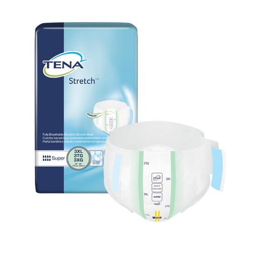 A TENA Stretch adult brief, size 3XL, sits beside its packaging. The packaging indicates it's a fully breathable, super absorbent product.