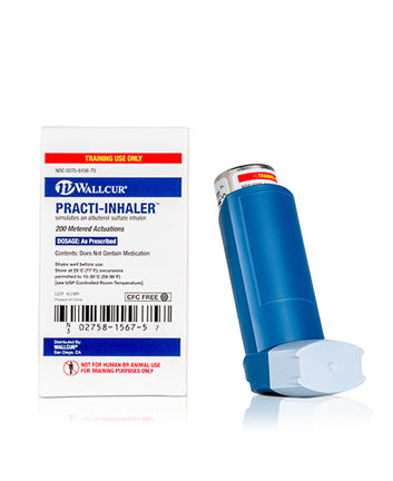 A blue inhaler sits beside its accompanying medication box on a white background. The box displays text including “PROAIR HFA” and other smaller, illegible text.