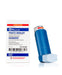 A blue inhaler sits beside its accompanying medication box on a white background. The box displays text including “PROAIR HFA” and other smaller, illegible text.