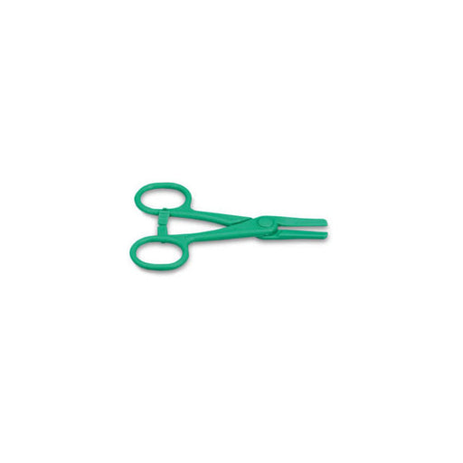 A green plastic forceps lies on a white background.