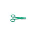 A green plastic forceps lies on a white background.