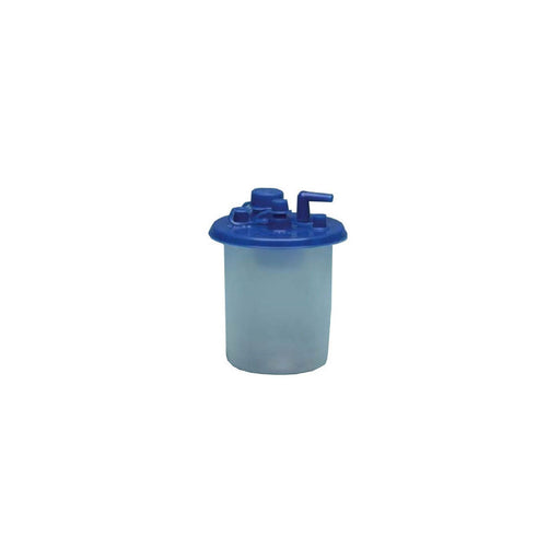 A translucent plastic container with a blue lid and small tubing sits on a white background.
