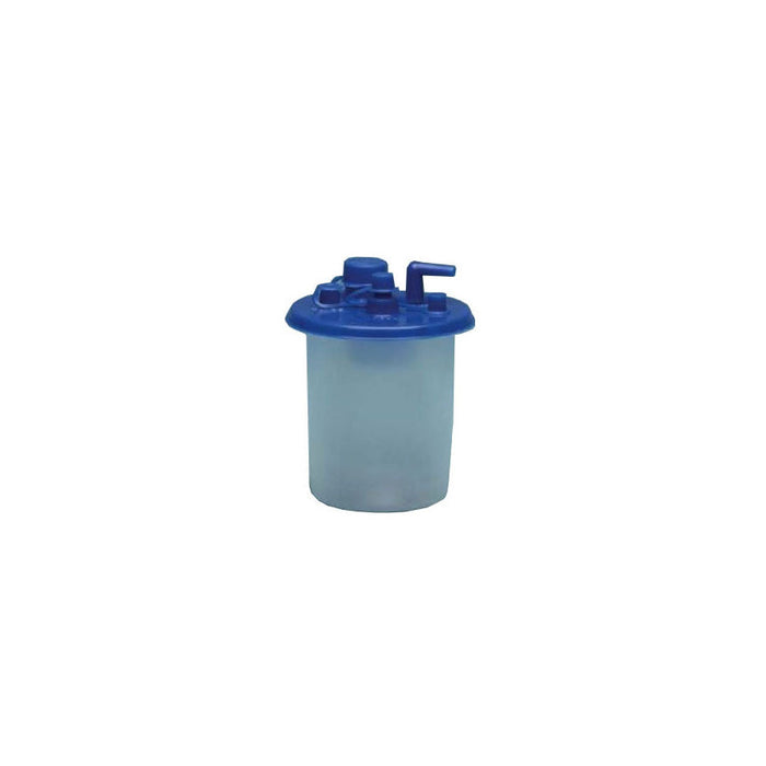 A translucent plastic container with a blue lid and small tubing sits on a white background.