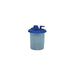 A translucent plastic container with a blue lid and small tubing sits on a white background.