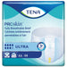 A TENA ProSkin Ultra adult incontinence pad sits inside its packaging, ready for use. The packaging is predominantly blue and teal. The text reads: TENA, ProSkin, Fully Breathable, Discreet and Thin.