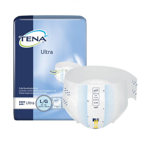 A TENA Ultra adult brief, size L/G (45"-55", 122cm-150cm), is displayed next to its packaging; the brief is fully breathable.