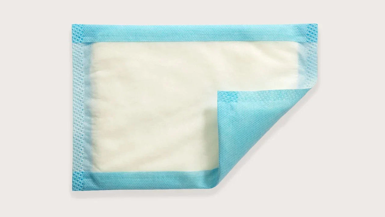 A rectangular absorbent pad, partially folded, displays a light-colored absorbent center and a light blue border; it rests on a plain white background.