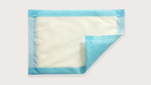 A rectangular absorbent pad, partially folded, displays a light-colored absorbent center and a light blue border; it rests on a plain white background.
