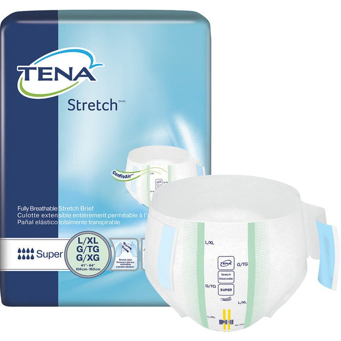 A TENA Stretch adult brief, displayed alongside its packaging, shows its breathable and extensible design; the packaging indicates size L/XL, G/TG, and G/XG, with a waist measurement of 41"-64" (104cm-163cm).