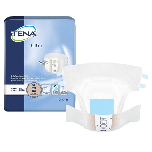 A TENA Ultra adult brief, size XL TG XG (60-64"/152cm-163cm), is shown next to its 15-count packaging. The brief is white with light blue accents; the packaging is light blue and white.