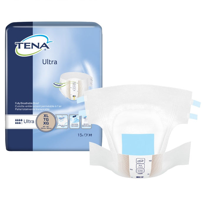 A TENA Ultra adult brief, size XL TG XG (60-64"/152cm-163cm), is shown next to its 15-count packaging. The brief is white with light blue accents; the packaging is light blue and white.