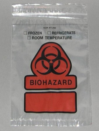 A clear plastic bag contains a biohazard symbol and red "BIOHAZARD" label. It rests on a plain background.