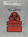 A clear plastic bag contains a biohazard symbol and red "BIOHAZARD" label. It rests on a plain background.
