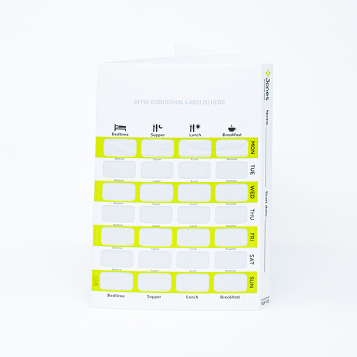 A weekly pill organizer displays daily compartments for bedtime, supper, lunch, and breakfast medications. It's a white card with green dividers and space to write. Start date is to be filled in.