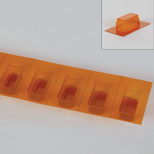 Five orange plastic rectangular containers are arranged in a row on a flat surface. A similar, single container is shown separately. The containers appear empty.