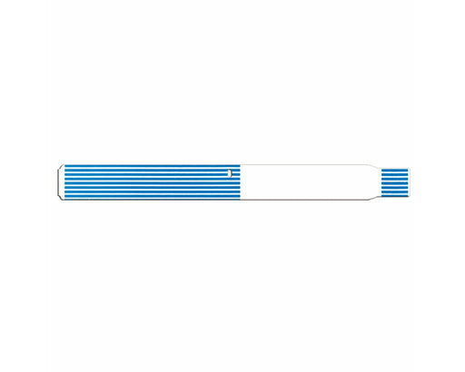 A blue-striped test strip rests on a white background.