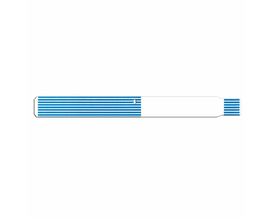 A blue-striped test strip rests on a white background.