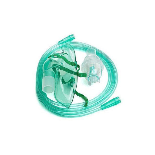 A light-green nebulizer mask and tubing lie coiled on a white surface.