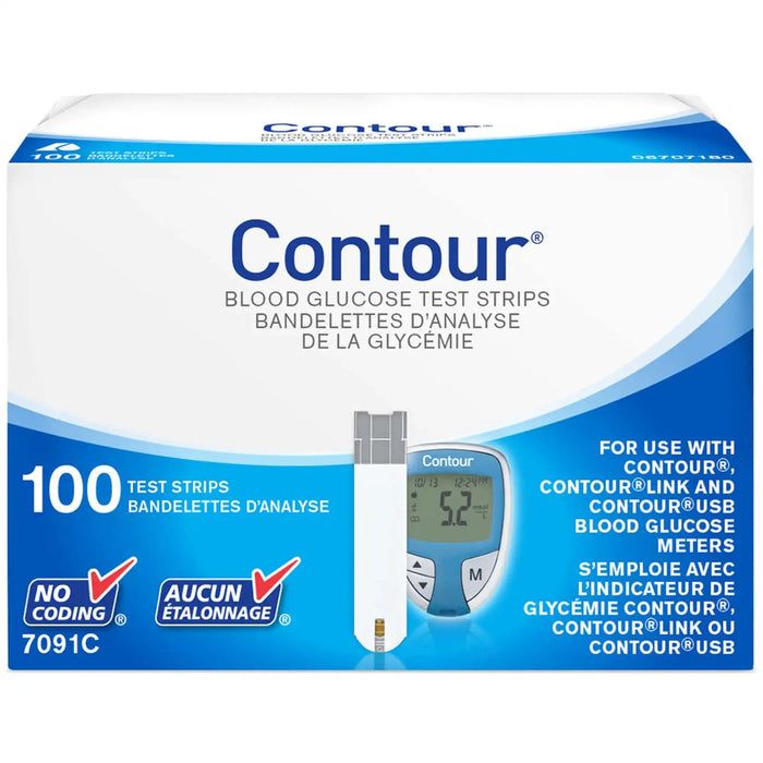 A box of Contour blood glucose test strips is shown alongside a glucose meter. The box contains 100 strips and is for use with several Contour meters. No coding or calibration is needed.