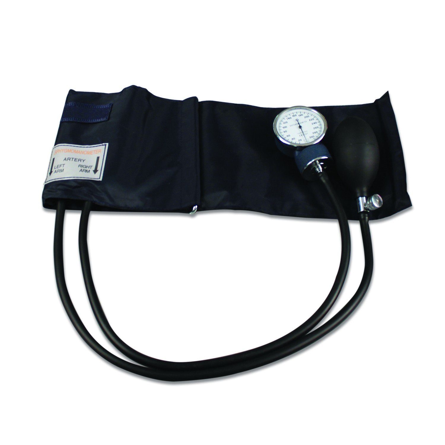 A sphygmomanometer measures blood pressure; its components—a cuff, gauge, and bulb—rest on a white background. ARTERY LEFT/RIGHT ARM is printed on the cuff.